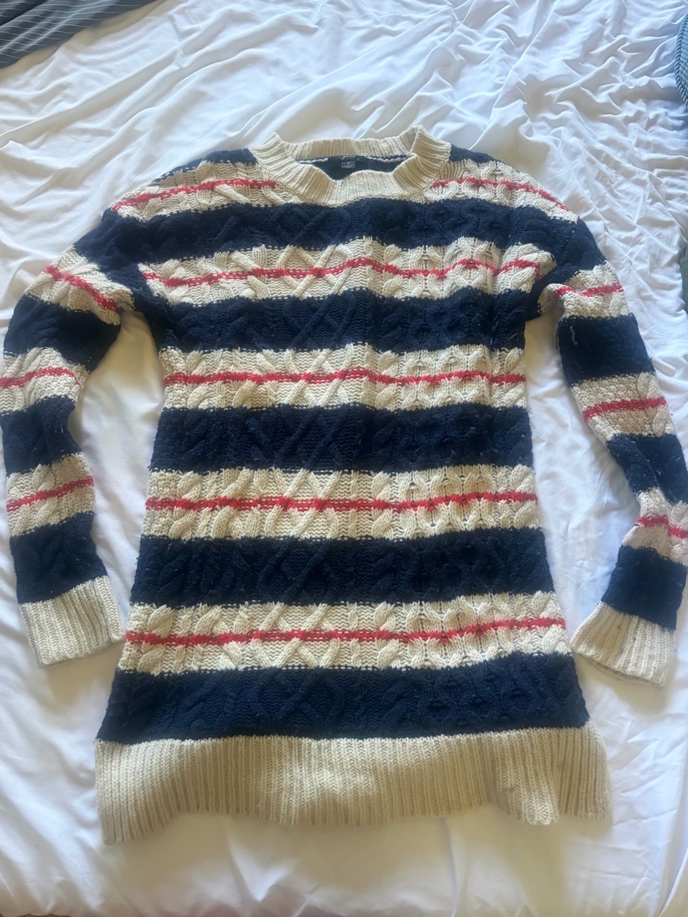 J Crew Striped Cable-Knit Crewneck Sweater in Navy, Cream & Red